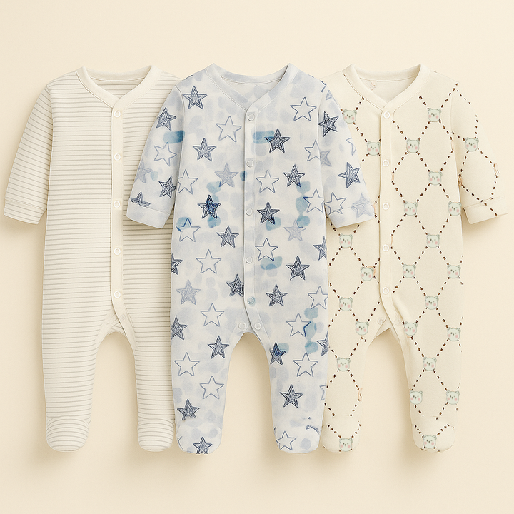 SUNSHINE BABY 3 PCS COTTON SUITS ASSORTED STAR BLUE & BEIGE 3-6M