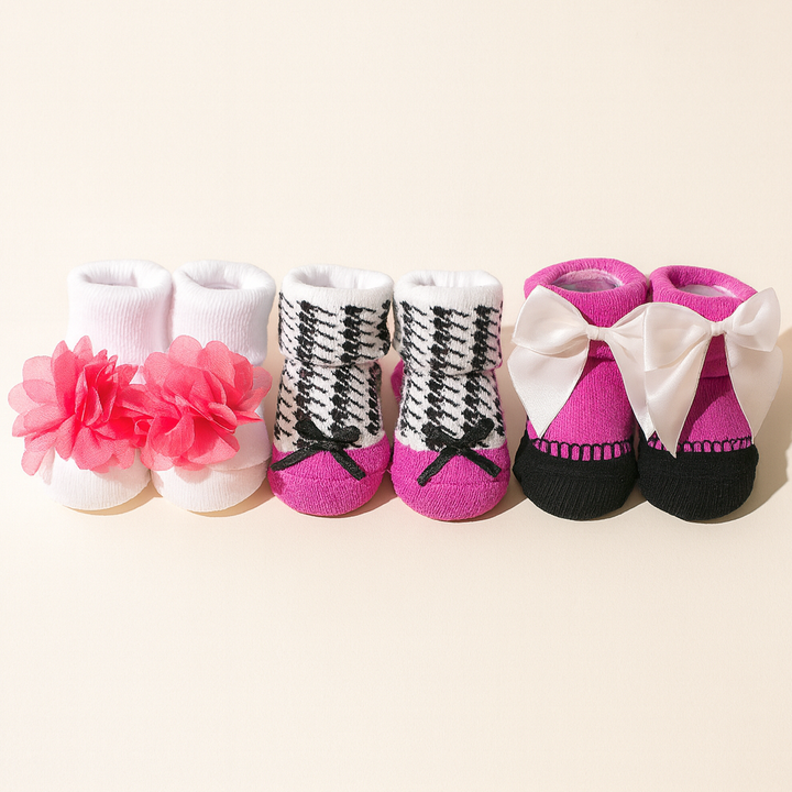 SUNSHINE BABY 3 PCS MULTI SOCK SET FLOWER & BOW PINK 0-9M