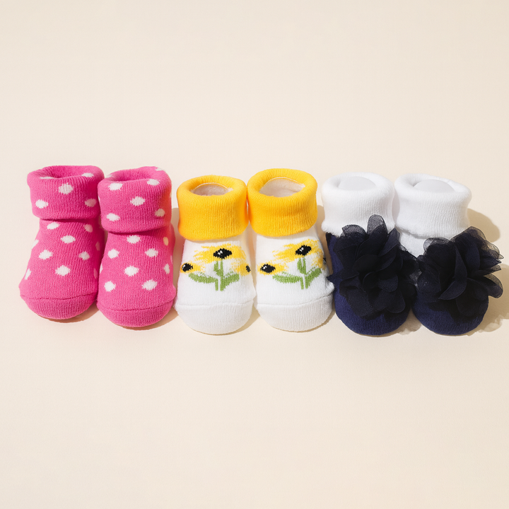 SUNSHINE BABY 3 PCS MULTI SOCK SET SUN FLOWER YELLOW 0-9M