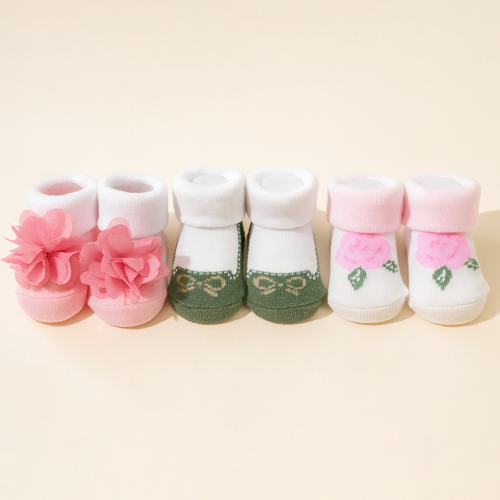 SUNSHINE BABY 3 PCS MULTI SOCK SET FLOWER PINK & GREEN 0-9M