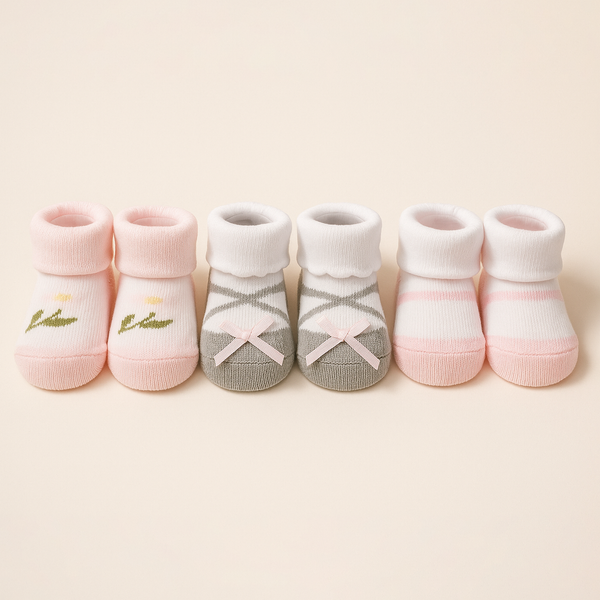 SUNSHINE BABY 3 PCS MULTI SOCK SET FLOWER PINK & GREY 0-9M