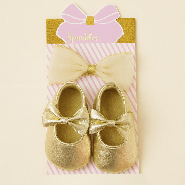 SUNSHINE BABY GIRL PUMPS SHOES & HEADBAND GOLDEN BOW 6-12M