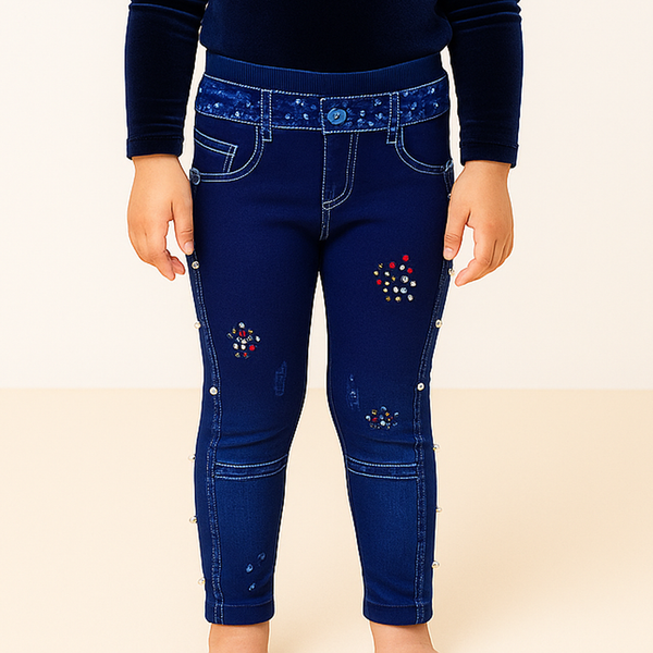 SUNSHINE GIRLS STRETCHABLE TIGHTS PEARLS DOTS DARK BLUE L 5-6Y