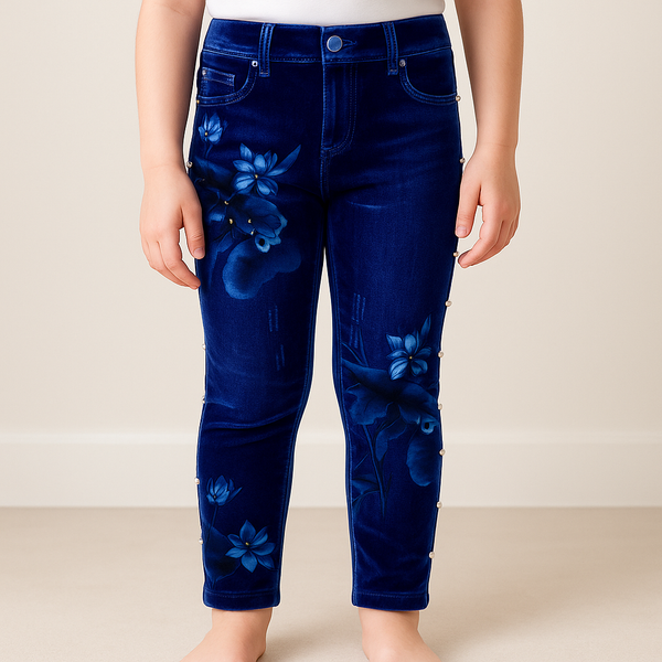 SUNSHINE GIRLS STRETCHABLE TIGHTS PEARLS FLOWER DARK BLUE XL 7-8Y