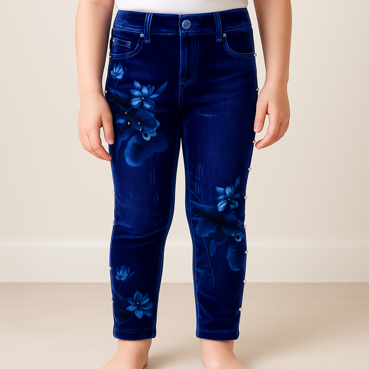 SUNSHINE GIRLS STRETCHABLE TIGHTS PEARLS FLOWER DARK BLUE XL 7-8Y