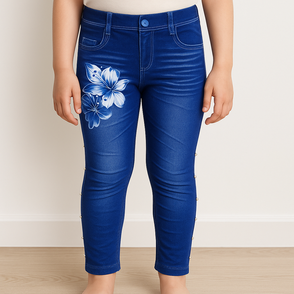 SUNSHINE GIRLS STRETCHABLE TIGHTS PEARLS WHITE FLOWER DARK BLUE L 5-6Y