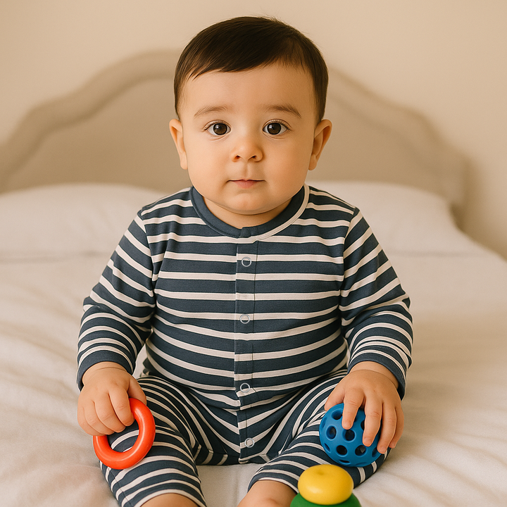 SUNSHINE BABY VELVET FLEECE SLEEPSUIT NARROW STRIPES BLUE 3-6M