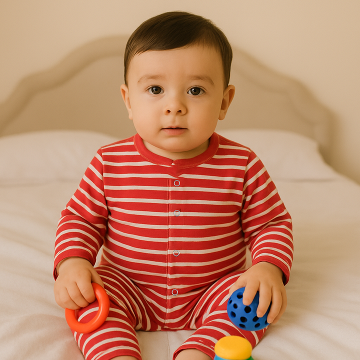 SUNSHINE BABY VELVET FLEECE SLEEPSUIT NARROW STRIPES RED 3-6M