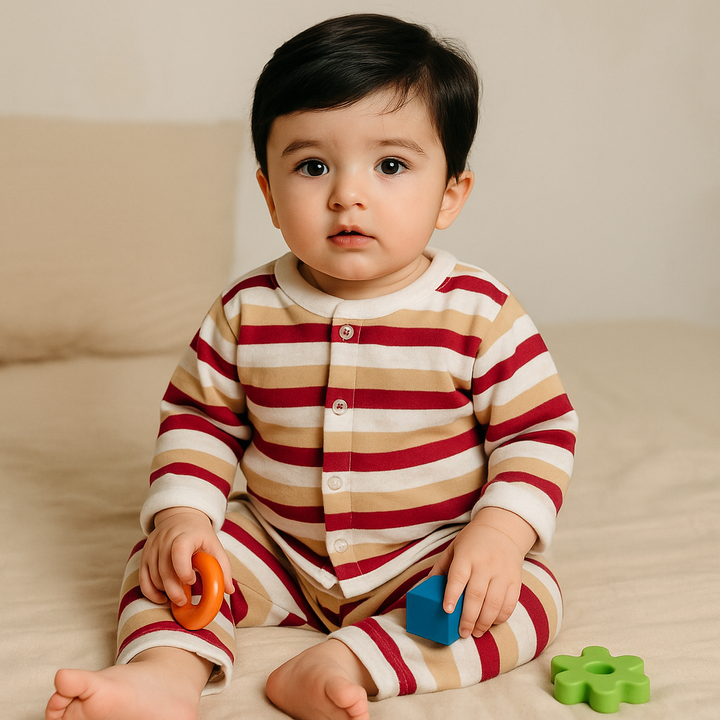 SUNSHINE BABY VELVET FLEECE SLEEPSUIT MULTI STRIPES MAROON 3-6M