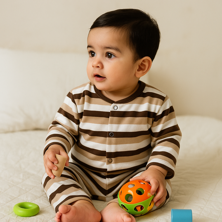 SUNSHINE BABY VELVET FLEECE SLEEPSUIT MULTI STRIPES BROWN 3-6M