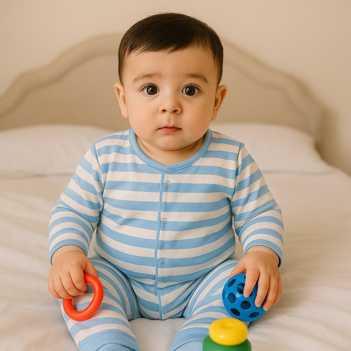 SUNSHINE BABY VELVET FLEECE SLEEPSUIT MULTI STRIPES BLUE 3-6M