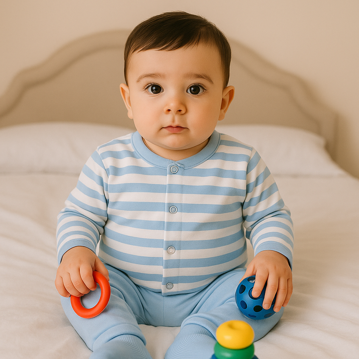 SUNSHINE BABY VELVET FLEECE SLEEPSUIT WIDE STRIPES BLUE 3-6M