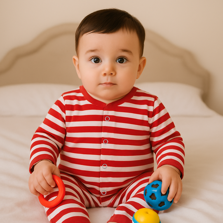 SUNSHINE BABY VELVET FLEECE SLEEPSUIT WIDE STRIPES RED 3-6M