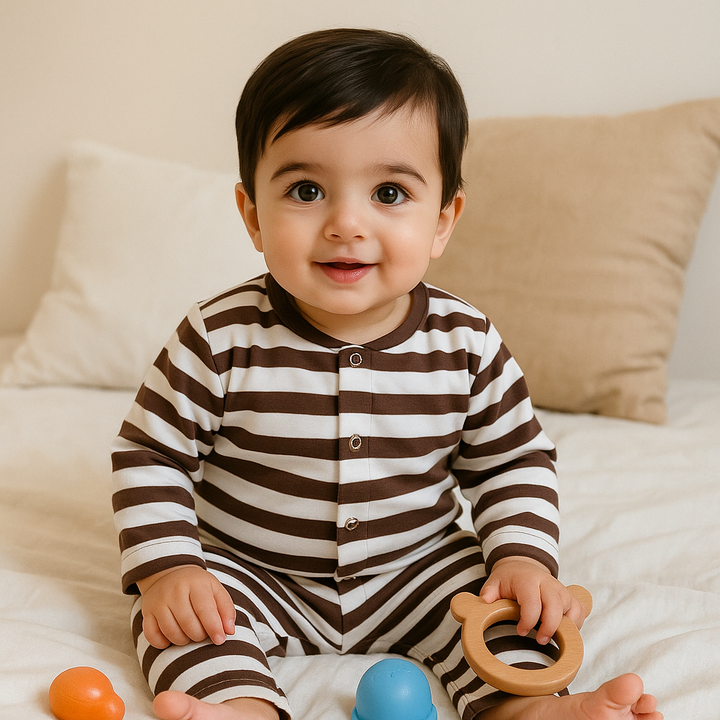 SUNSHINE BABY VELVET FLEECE SLEEPSUIT WIDE STRIPES BROWN 3-6M