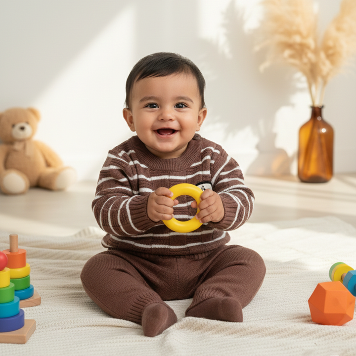 SUNSHINE BABY WOOLEN PAJAMA SET (HUANG 6) STRIPES LIGHT BROWN NB