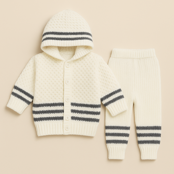 SUNSHINE BABY HOODED WOOLEN PAJAMA SET STRIPES GREY 0-3M