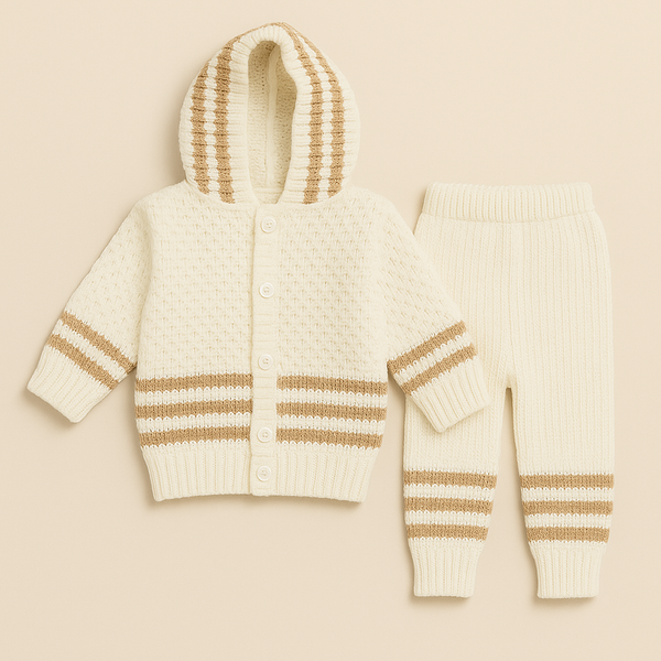 SUNSHINE BABY HOODED WOOLEN PAJAMA SET STRIPES BROWN 0-3M
