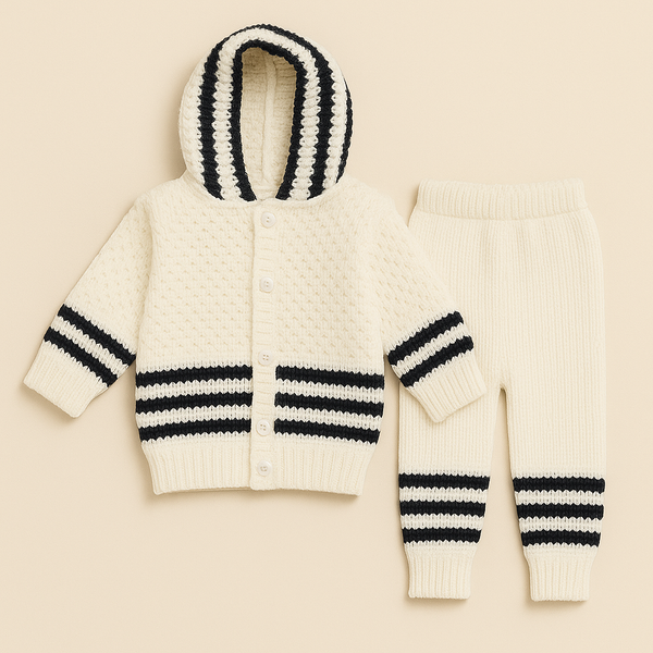 SUNSHINE BABY HOODED WOOLEN PAJAMA SET STRIPES NAVY BLUE 0-3M