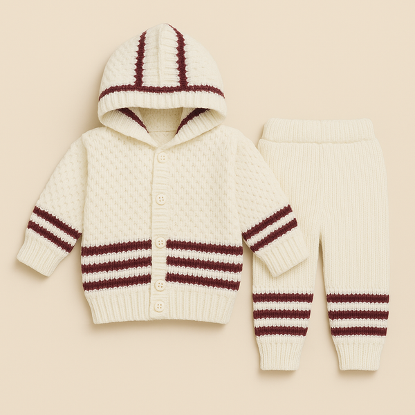 SUNSHINE BABY HOODED WOOLEN PAJAMA SET STRIPES MAROON 0-3M