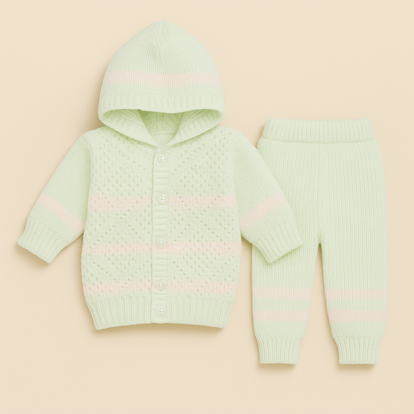 SUNSHINE BABY HOODED WOOLEN PAJAMA SET STRIPES GREEN 0-3M