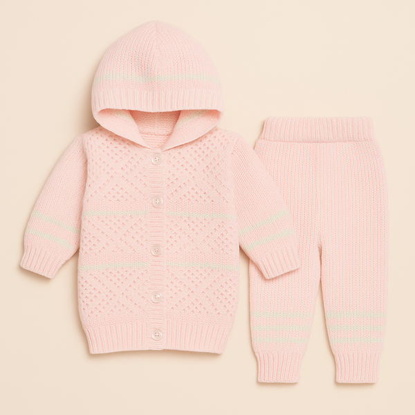 SUNSHINE BABY HOODED WOOLEN PAJAMA SET STRIPES PINK 0-3M