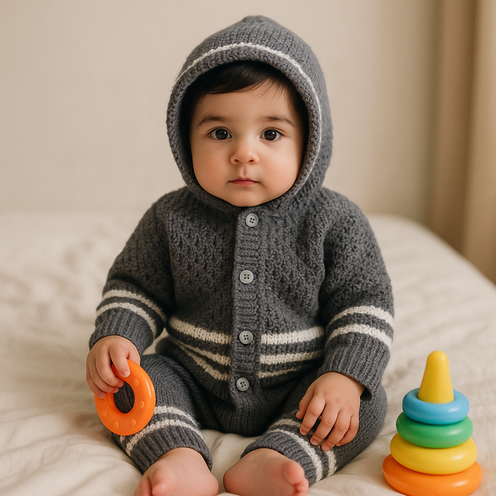 SUNSHINE BABY HOODED WOOLEN PAJAMA SET DARK BLUE 0-3M