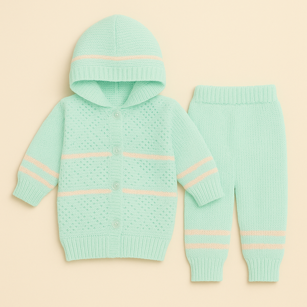 SUNSHINE BABY HOODED WOOLEN PAJAMA SET STRIPES SEA GREEN 0-3M