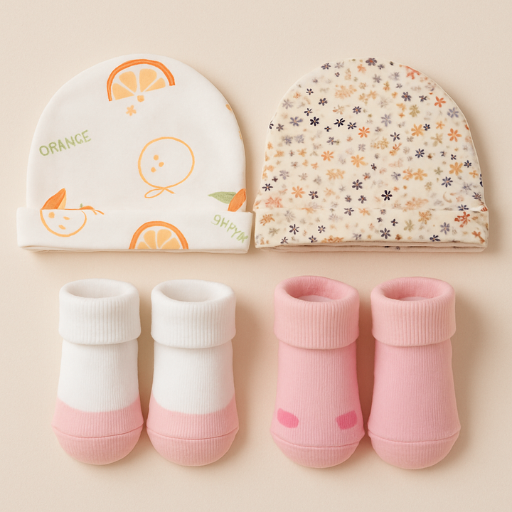 SUNSHINE BABY CAPS AND BOOTIES 4 PCS SET PINK