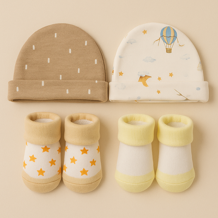 SUNSHINE BABY CAPS AND BOOTIES 4 PCS SET YELLOW