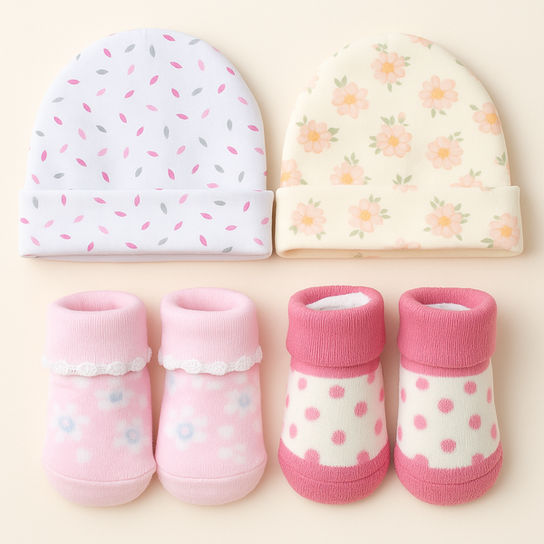 SUNSHINE BABY CAPS AND BOOTIES 4 PCS SET DOTS PINK