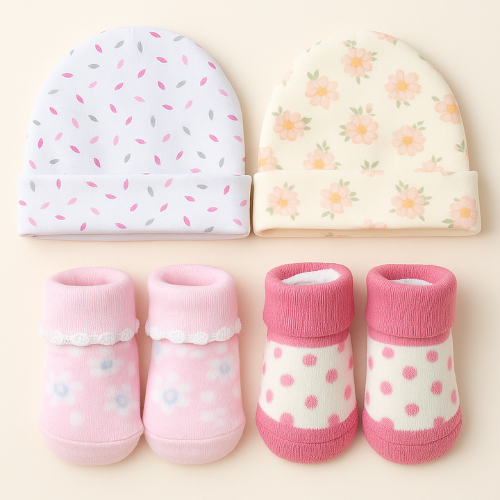 SUNSHINE BABY CAPS AND BOOTIES 4 PCS SET DOTS PINK