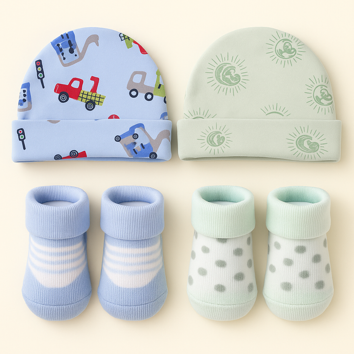 SUNSHINE BABY CAPS AND BOOTIES 4 PCS SET GREEN & BLUE