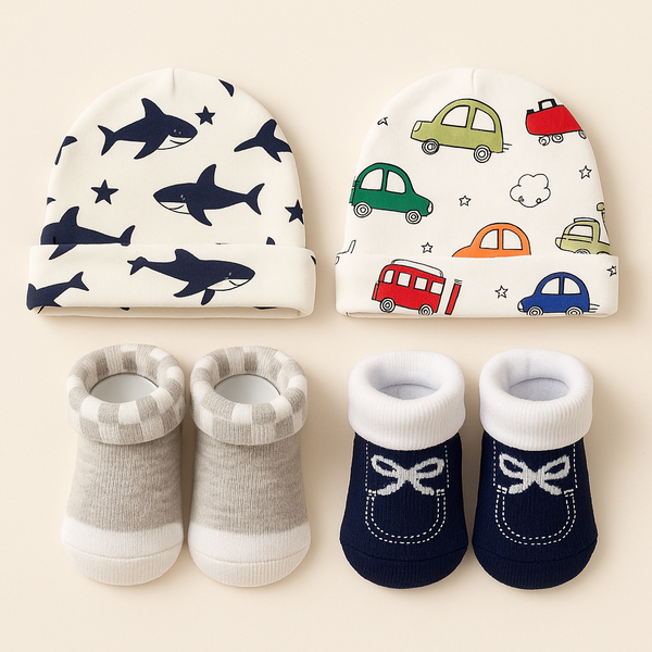 SUNSHINE BABY CAPS AND BOOTIES 4 PCS SET GREY & BLUE