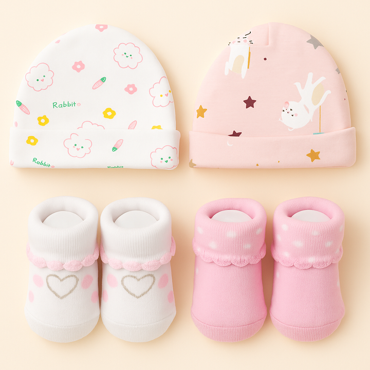 SUNSHINE BABY CAPS AND BOOTIES 4 PCS SET HEART & DOTS PINK