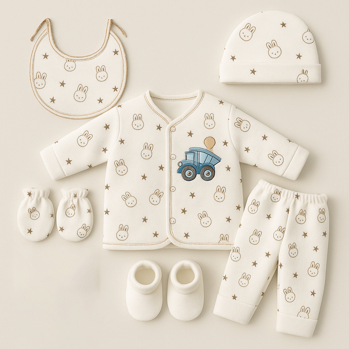 SUNSHINE BABY FLEECE 6 PCS SET SLEEPSUIT TRACTOR BLUE RABBIT BROWN NB