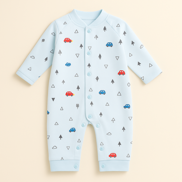 SUNSHINE BABY FLEECE ROMPER MULTI CARS & TREES BLUE 0-3M