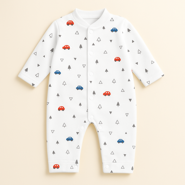 SUNSHINE BABY FLEECE ROMPER MULTI CARS & TREES WHITE 0-3M