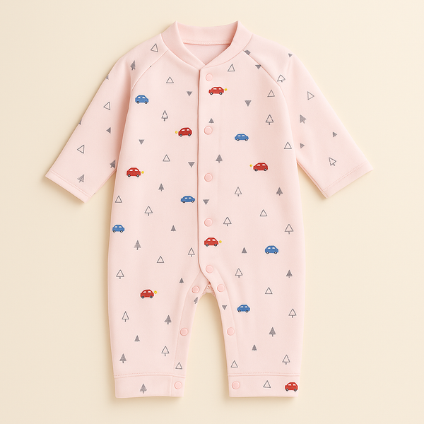 SUNSHINE BABY FLEECE ROMPER MULTI CARS & TREES PINK 0-3M