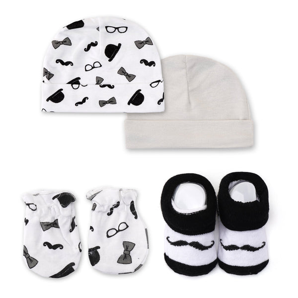 BABY 4 PCS BOOTIES GLOVE AND CAPS SET BO & HAT WHITE & BLACK  (0-6 MONTHS) - SUNSHINE