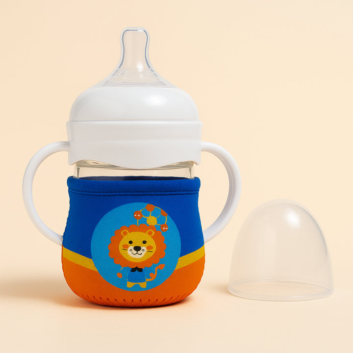 SUNSHINE BABY GLASS FEEDER WITH COVER LION BLUE 120ML(A-45)