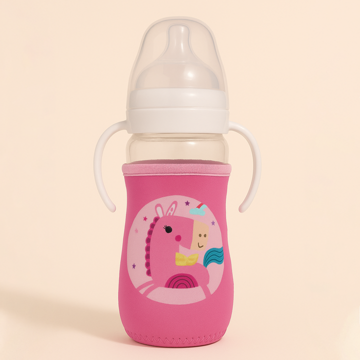 SUNSHINE BABY GLASS FEEDER WITH COVER UNICORN PINK 240ML(A-44)