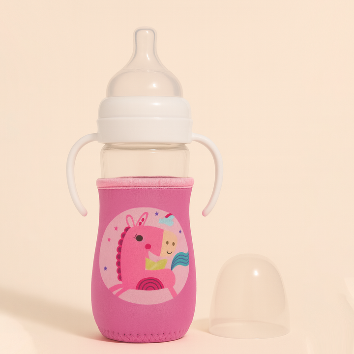 SUNSHINE BABY GLASS FEEDER WITH COVER UNICORN PINK 240ML(A-44)