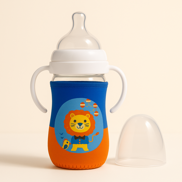 SUNSHINE BABY GLASS FEEDER WITH COVER LION BLUE 240ML(A-44)