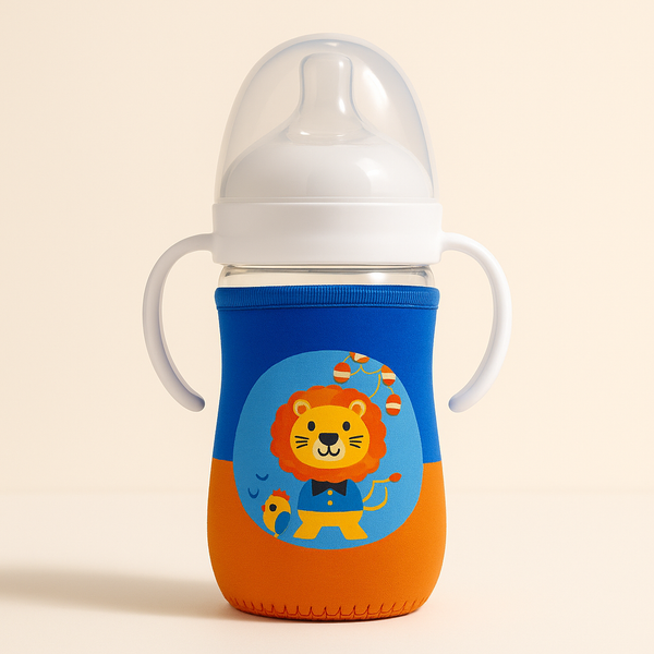 SUNSHINE BABY GLASS FEEDER WITH COVER LION BLUE 240ML(A-44)