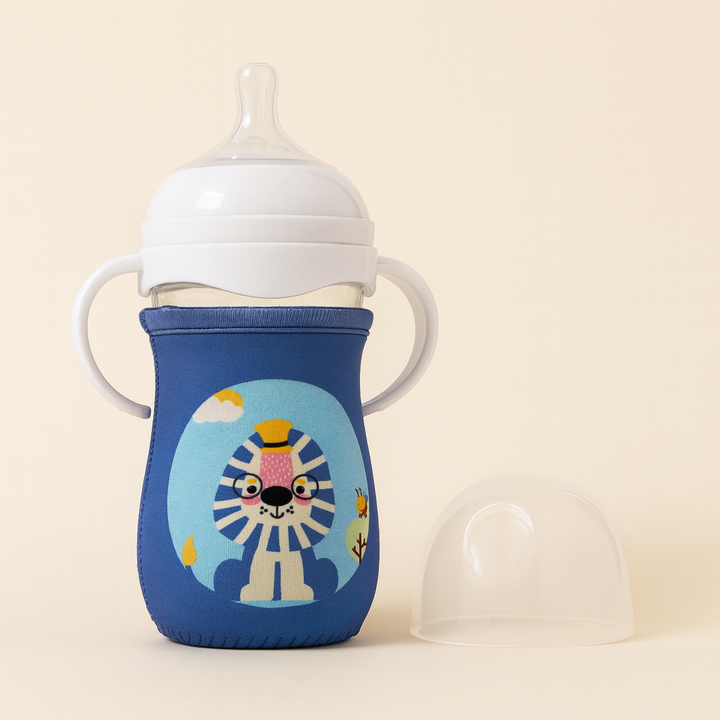 SUNSHINE BABY GLASS FEEDER WITH COVER OWL BLUE 240ML(A-44)