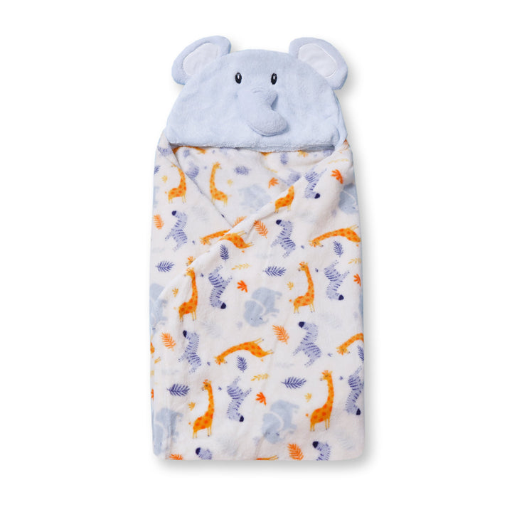 BABY HOODED BATH SHAWL ELEPHANT BLUE & WHITE- SUNSHINE