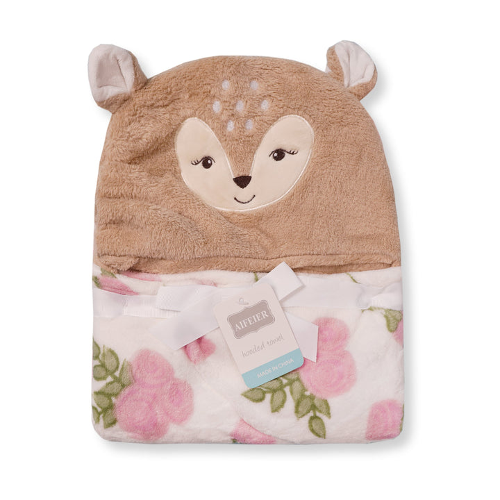 BABY HOODED BATH SHAWL DEAR WHITE & BROWN SUNSHINE