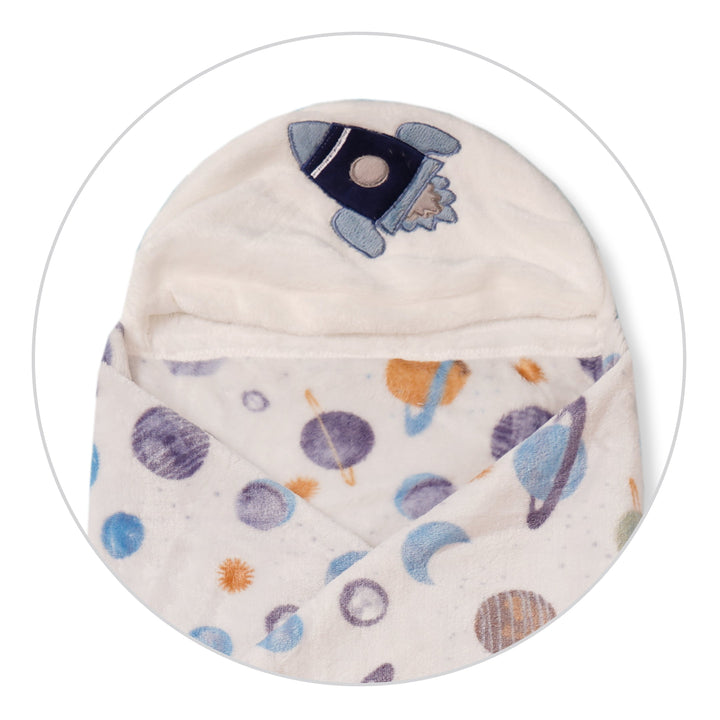 BABY HOODED BATH SHAWL ROCKET WHITE & BLUE- SUNSHINE