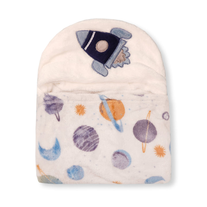 BABY HOODED BATH SHAWL ROCKET WHITE & BLUE- SUNSHINE