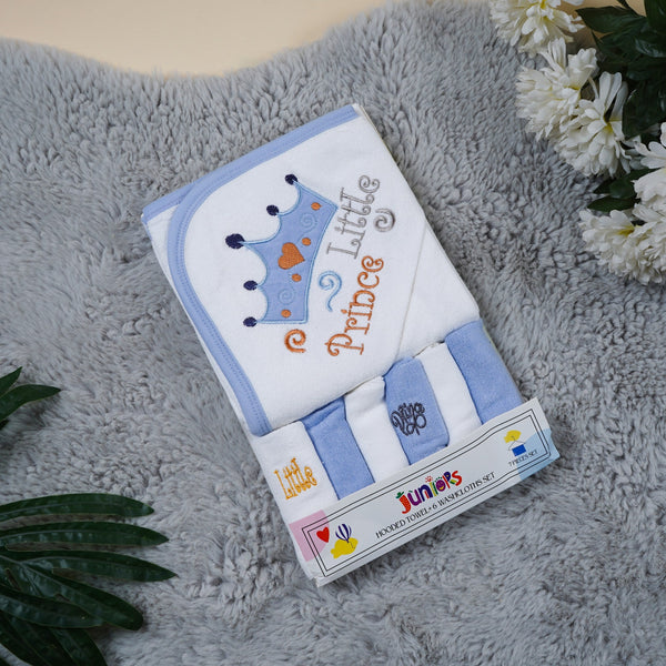 SUNSHINE BABY HOODED TOWEL & WASHCLOTHS LITTLE PRINCE BLUE & WHITE